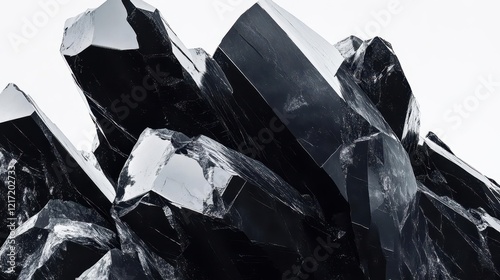 a dramatic avalanche of crystalline black obsidian rocks cascading through ethereal white space, creating bold geometric shadows and dynamic movement, minimalist fine art composition