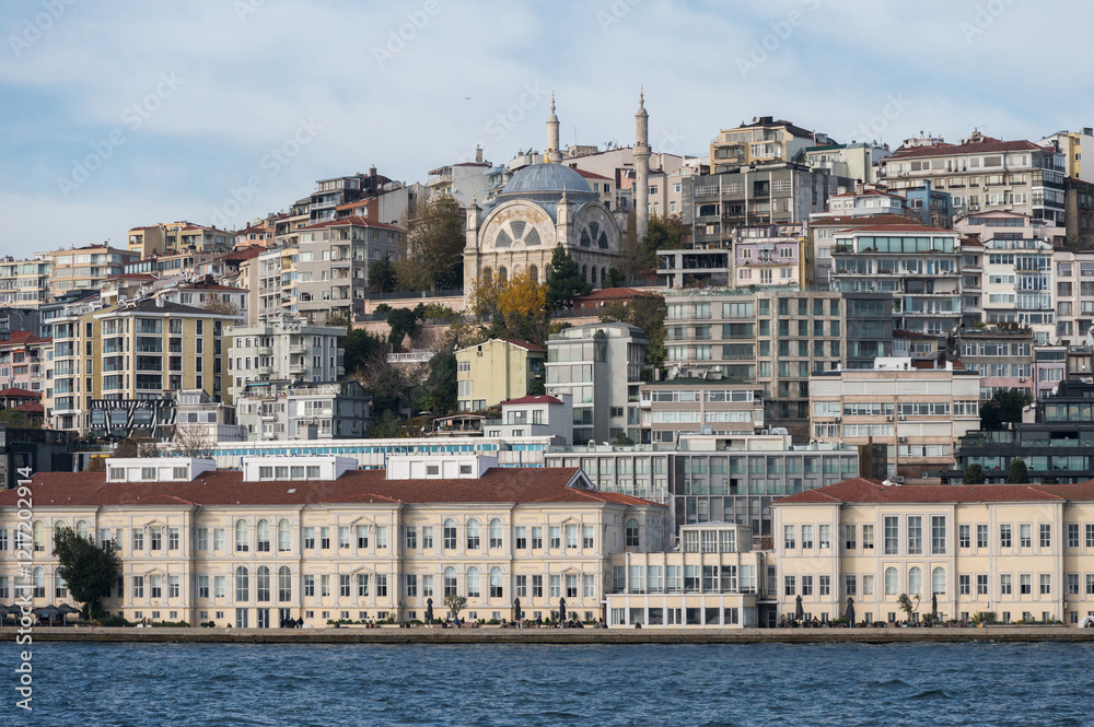 Panorama on the shore of the Bosphorus near Kabatash pier on a sunny day Panorama on the shore of the Bosphorus near Kabatash pier on a sunny day