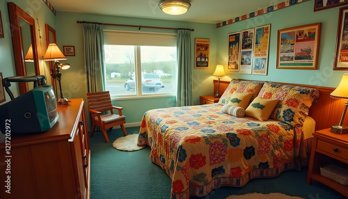 Cozy retro motel room decorated in vintage American style. It has a double bed with colorful patterned blanket and fluffy pillows.