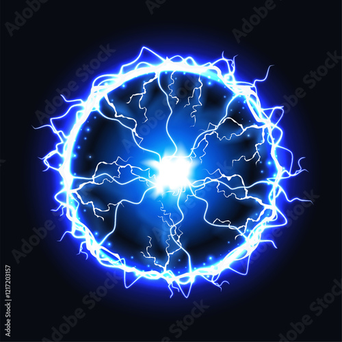Ball lightning energy. Electric circle. Effect burst magic power. Sphere light. Explosion core with neon sparks. Blue glow flash. Abstract thunder bolt. Illuminated plasma blast. Vector elements set