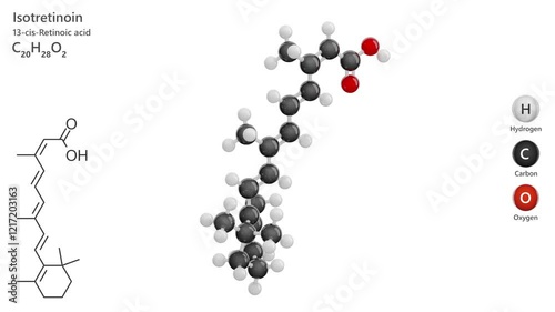 Isotretinoin. Animated 3D model of a molecule. Molecular formula: C20H28O2. Chemical model: Ball and sticks. White background. 3D rendering. Seamless loop.