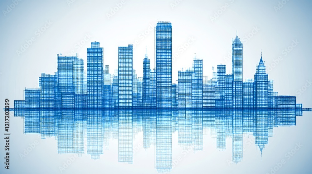 Abstract Blue Cityscape Skyline with Water Reflection Abstract Blue Cityscape Skyline with Water Reflection