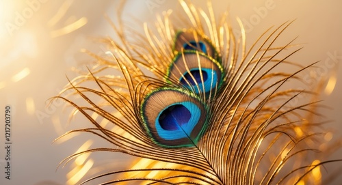 Close up of radiant gold peacock feather on vibrant golden background symbolizing beauty and prosperity with ample space for text overlay photo