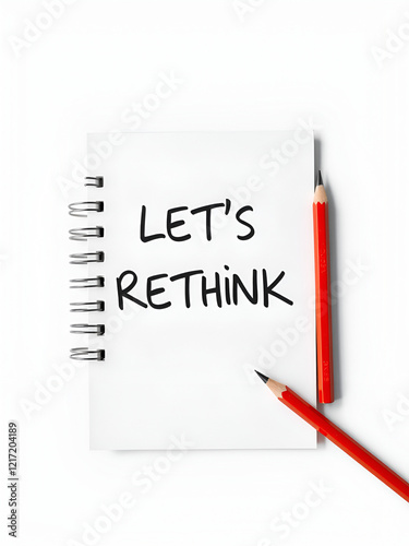 Word LET S RETHINK on notebook with pencil on the grey background photo