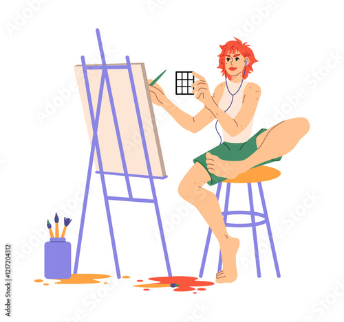 Characters leisure. Creative hobby. Happy woman painting picture. Girl at easel canvas drawing with paints palette and listening to music. Creativity craft studio. Artistic workshop. Vector concept