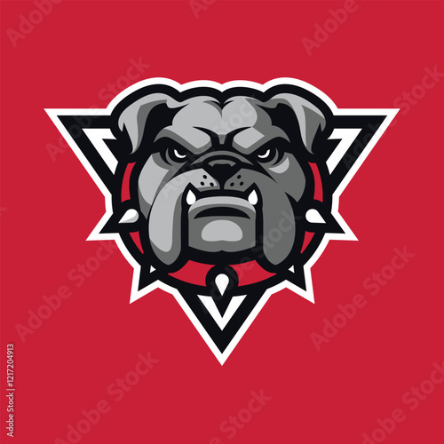 Angry gray bulldog wearing spiked red collar in a triangle badge, sports mascot logo