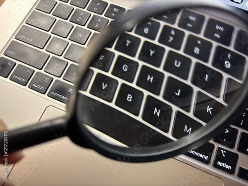 Magnifying glass focused on laptop keyboard with illuminated keys photo