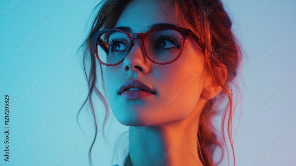 Young Woman in Glasses Under Neon Light Young Woman in Glasses Under Neon Light
