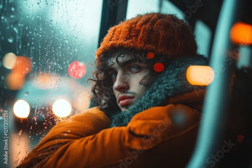 A commuter leaning against a bus window, staring outside with a calm and indifferent expression despite the busy city street view