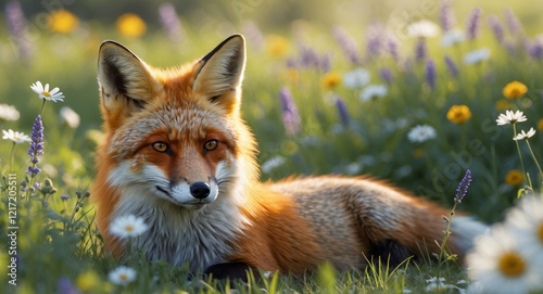 Red fox resting among wildflowers on a sunny day in a vibrant meadow. photo