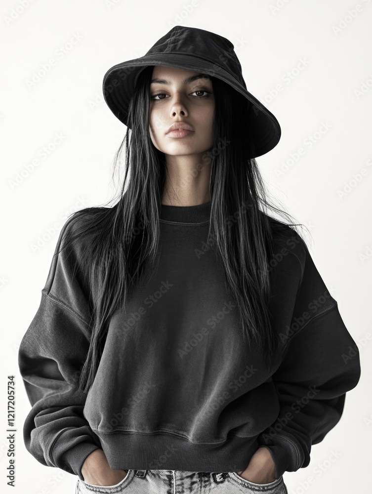 Woman in Black Hat and Sweatshirt Woman in Black Hat and Sweatshirt