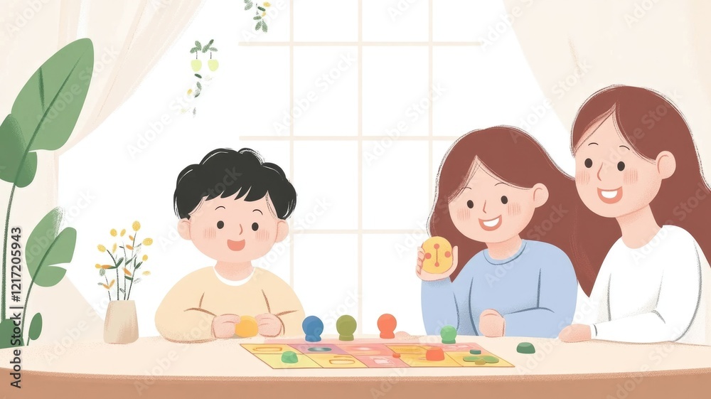 Family bonding with board games in cozy home setting Family bonding with board games in cozy home setting