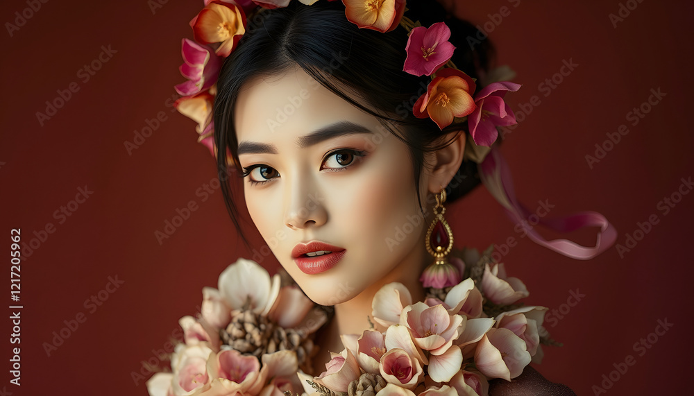 Fototapeta premium Beauty fashion female portrait with large garland dried flowers, asian style, with white tones
