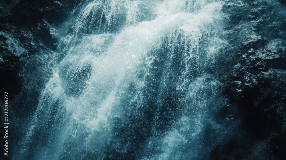 Fototapeta premium Majestic waterfall surrounded by dark, rugged rocks.