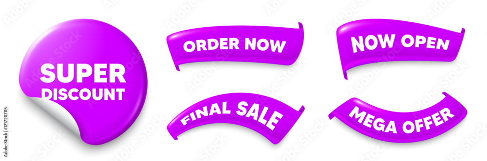 Super discount purple sticker, Sale offer ribbons. Final sale, Order now. Super discount tag. Sale sign. Advertising Discounts symbol. Sticker badge. Flag ribbon banners. Vector Super discount purple sticker, Sale offer ribbons. Final sale, Order now. Super discount tag. Sale sign. Advertising Discounts symbol. Sticker badge. Flag ribbon banners. Vector