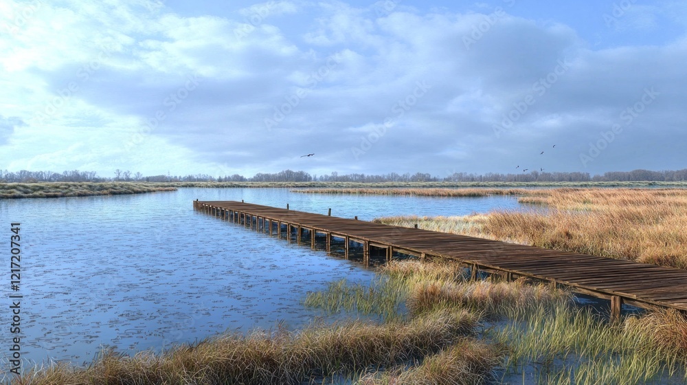 Serene wooden dock on calm lake, wetland backdrop, birds flying Serene wooden dock on calm lake, wetland backdrop, birds flying