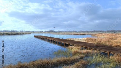 Wallpaper Mural Serene wooden dock on calm lake, wetland backdrop, birds flying Torontodigital.ca