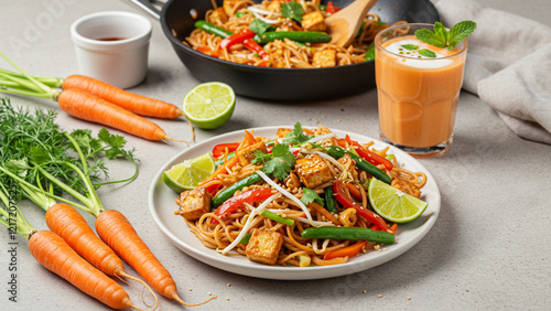 Vibrant Thai noodles with tofu, fresh vegetables, and lime, served with a refreshing carrot smoothie. Bright and healthy, plated with fresh carrots for a colorful, inviting presentation.