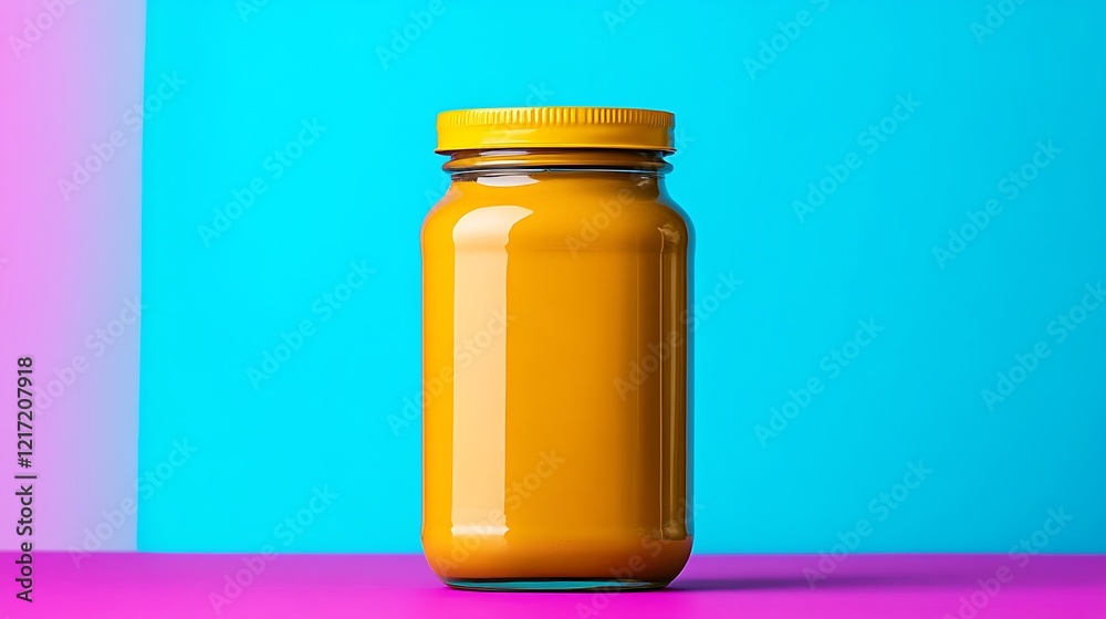 Vibrant Pop Art Style Peanut Butter Jar on Colorful Background Featuring Striking Yellow Jar Against Bright Blue and Pink Tones Vibrant Pop Art Style Peanut Butter Jar on Colorful Background Featuring Striking Yellow Jar Against Bright Blue and Pink Tones