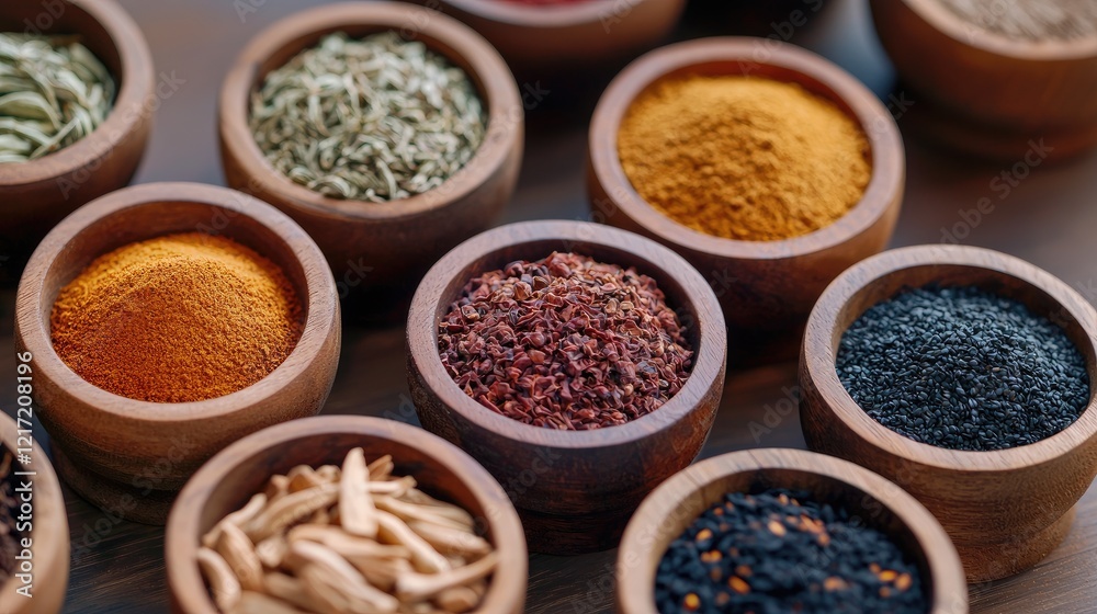 Colorful Bowls of Various Spices and Seasonings Colorful Bowls of Various Spices and Seasonings
