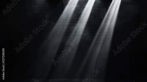 Black and white photograph of a dark room with a brick wall in the background. the wall is made up of horizontal lines that create a diagonal pattern, creating a sense of depth and dimension.
