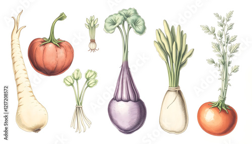 Vintage set of hand drawn raw and organic vegetables, for healthy food and lifestyle / Antique engraved illustration from from La Rousse XX Sciele, watercolor, with white tones photo