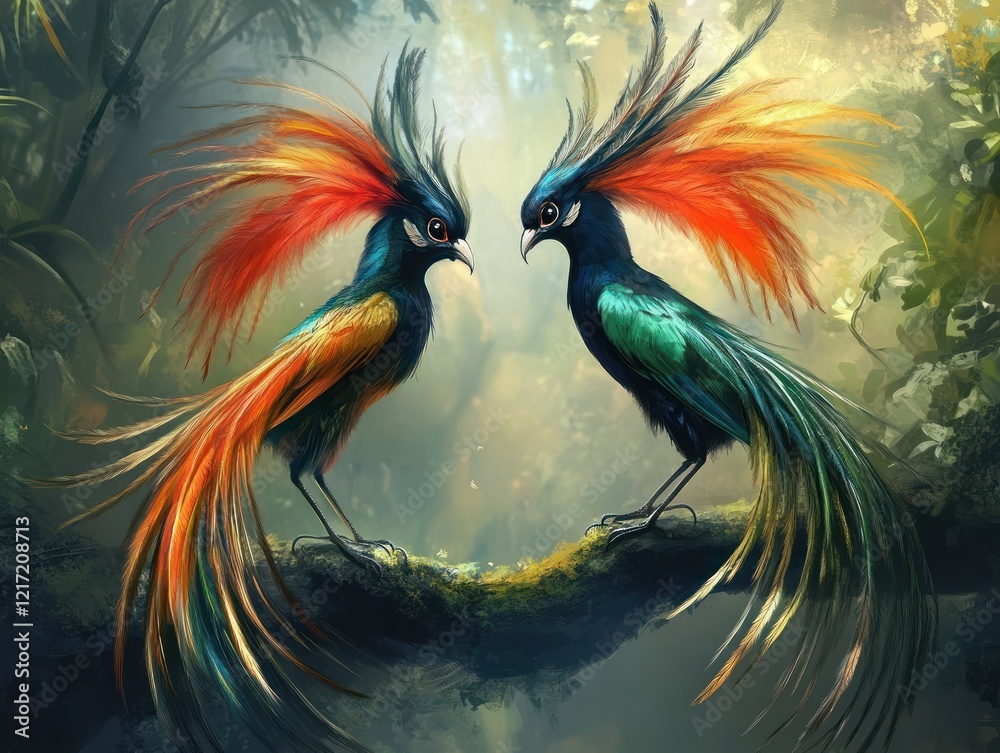 Two colorful birds perched on a branch in a lush forest. Use artistic background, nature illustration Two colorful birds perched on a branch in a lush forest. Use artistic background, nature illustration