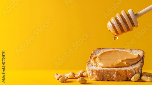 A Delicious Slice of Toast with Creamy Peanut Butter and Drizzle of Honey Set Against a Bright Yellow Background, Perfect for Food and Culinary Imagery photo