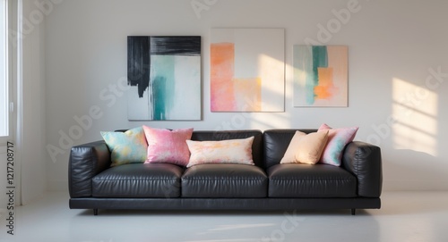 Modern living room featuring a sleek black sofa adorned with colorful cushions and abstract art photo