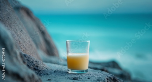 Close up of a clear coconut juice glass on a rocky surface with a vibrant blue ocean background and bright blurred beach tones inviting relaxation
