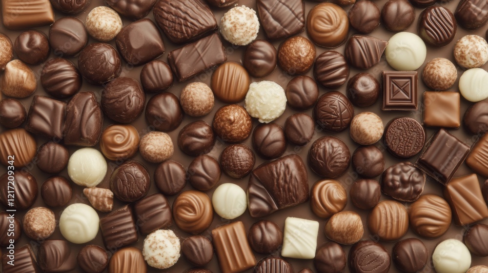 Assorted chocolate candies arranged on a surface, showcasing various shapes and textures, perfect for dessert Assorted chocolate candies arranged on a surface, showcasing various shapes and textures, perfect for dessert