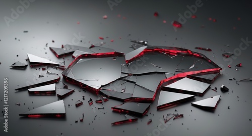 Shattered glass with red hues symbolizes the fragility of emotions and the scars they leave behind. photo