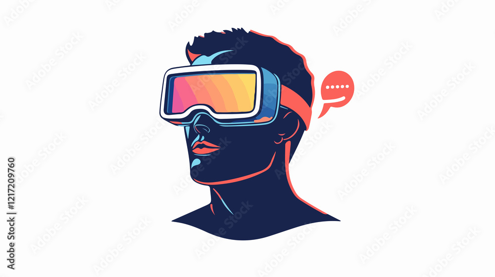 Futuristic Line Art Illustration of Man with 3D Glasses Watching Video Inside Chat Bubble Futuristic Line Art Illustration of Man with 3D Glasses Watching Video Inside Chat Bubble