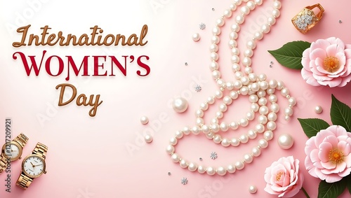 Luxurious Women's Day banner with pearl necklaces, watches, and floral decor in classic style