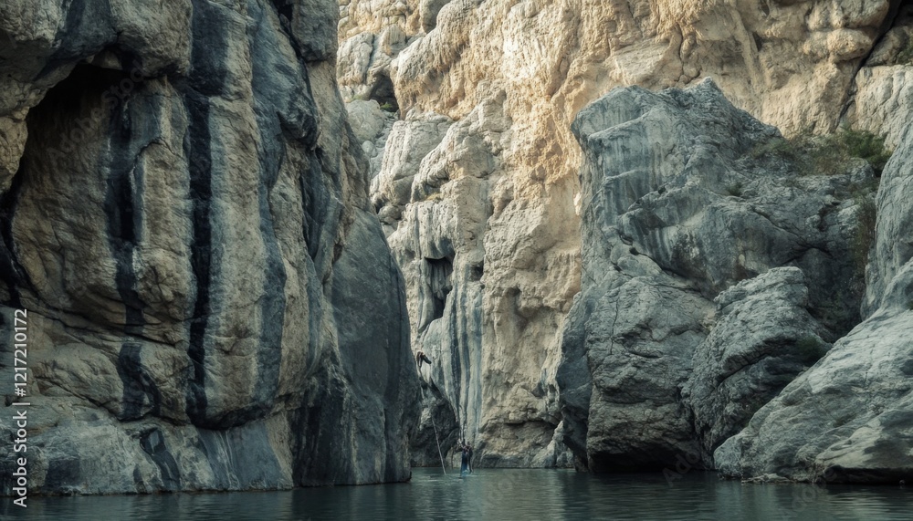 Serene canyon with rocky cliffs and calm water in nature's embrace. Serene canyon with rocky cliffs and calm water in nature's embrace.