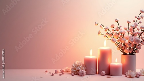 Cozy Women's Day banner with candles, flowers, and elegant feminine decor elements