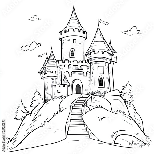 Enchanted Hilltop Castle Simple Coloring Page Design photo