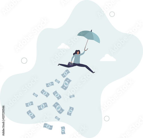 Success businesswoman get rich, office worker achieve financial independence and quit routine job concept.flat characters.