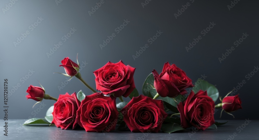 Obraz premium Red roses on dark slate background with copy space.