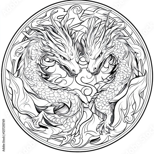 Majestic Fantasy Mandala Dragons Flames and Mystical Art