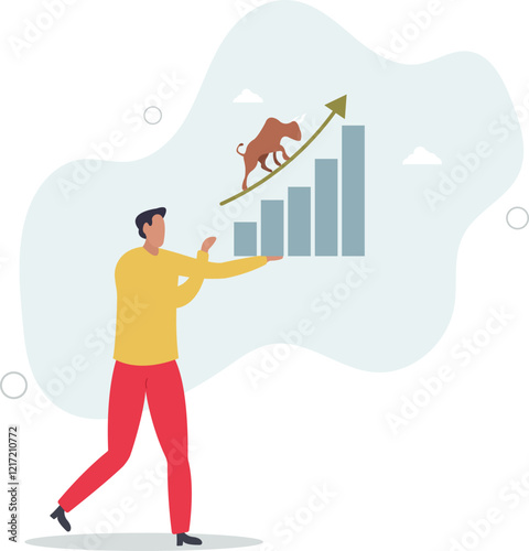 Stock market bull market, financial asset value and price rising up, investor and trader gain more profit concept.flat characters.