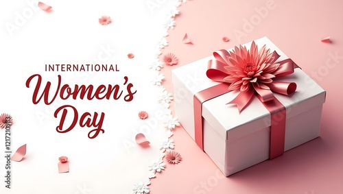 Stylish Women's Day banner with beautifully wrapped gift box and floral satin ribbon