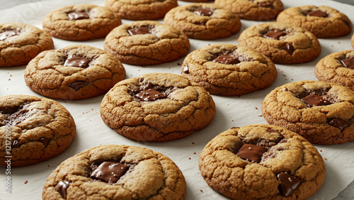 Perfectly baked chocolate chip cookies arranged in neat rows on a baking sheet. Golden brown, gooey, and irresistible, ideal for cozy dessert lovers and sweet treat presentations.