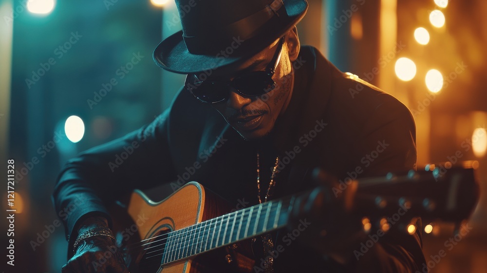 Obraz premium Musician Playing Guitar Urban Bar Realistic Photo Nighttime Close-Up Creative Expression