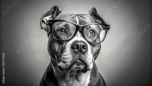 A black and white outline portrait of a vintage pitbull wearing glasses. photo