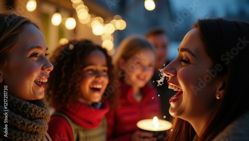 Snowflake landing gently on singer's nose adding whimsical touch to scene Smiling diverse group singing carols in the neighborhood