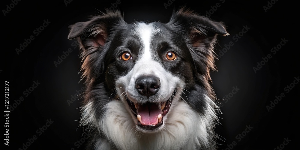 A funny border collie, in a muzzle, shines in the night. A funny border collie, in a muzzle, shines in the night.