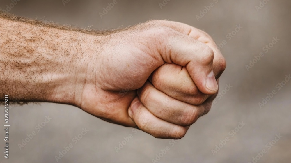 Close-up of a clenched fist symbolizing strength and determination against a blurred background Close-up of a clenched fist symbolizing strength and determination against a blurred background