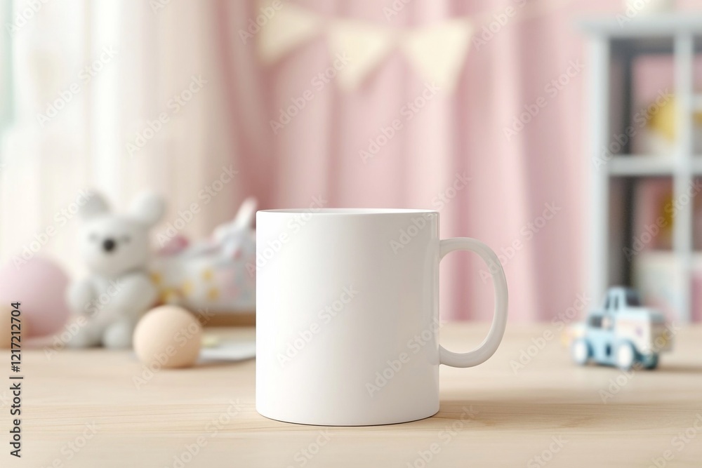 Mockup of a white ceramic mug on the floor in a children's room.