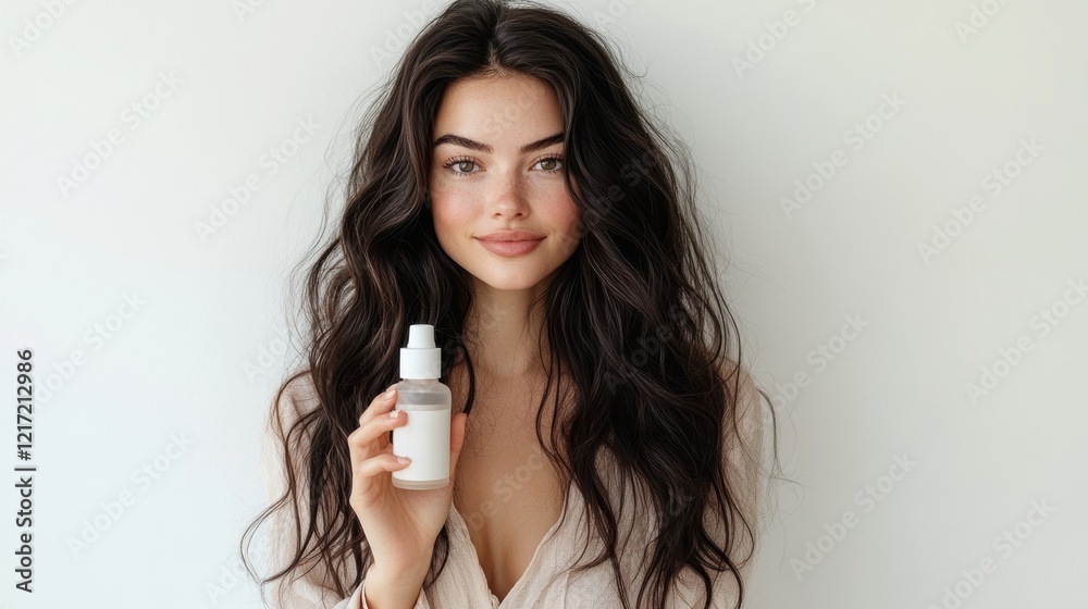 Naklejka premium Beautiful Woman with Long Curly Hair Holding a Skincare Product